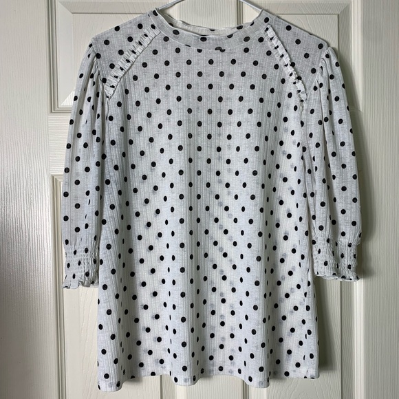 Zara | White Ruched Smocked Sleeve Top Black Polka Dot - Medium - Picture 1 of 3